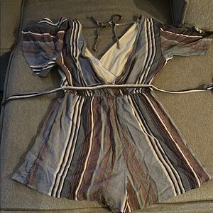 Francesca's Collections Striped Jumpsuit - Blue and Brown